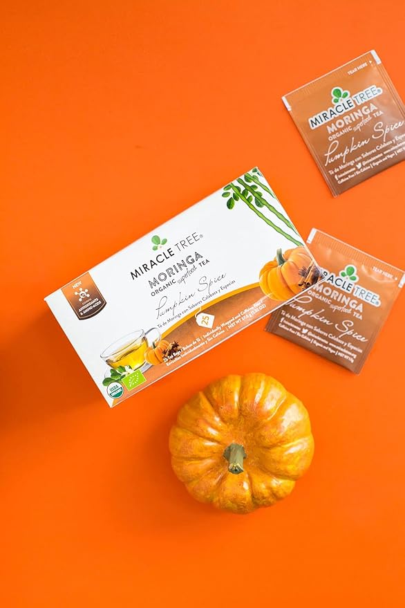 Miracle Tree - Organic Moringa Superfood Tea, 25 Individually Sealed Tea Bags, Pumpkin Spice (Keto/Paleo, Immune Support, Energy & Immunity Booster, Vegan, Gluten-Free, Certified Organic, Non-GMO, Antioxidant, Caffeine-Free)