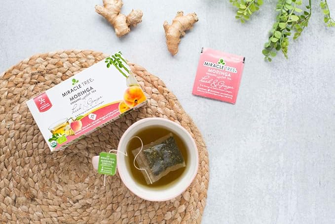 Miracle Tree - 6 Count of Organic Moringa Superfood Tea, 25 Individually Sealed Tea Bags, Peach & Ginger (Keto, Detox, Energy/Immunity Booster, Vegan, Gluten-Free, Organic, Non-GMO, Caffeine-Free)