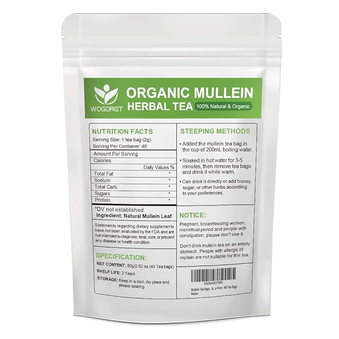 Mullein Tea Bags - Natural Mullein Leaf Tea for Lungs Cleanse and Respiratory Support, Caffeine Free - 40 Tea Bags