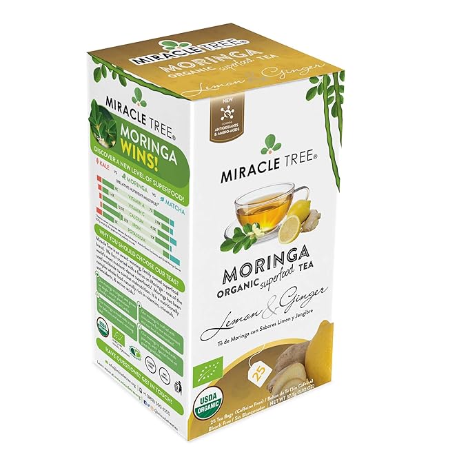 Miracle Tree - 6 Count of Organic Moringa Superfood Tea, 25 Individually Sealed Tea Bags, Lemon & Ginger (Keto, Detox, Energy/Immunity Booster, Vegan, Gluten-Free, Organic, Non-GMO, Caffeine-Free)
