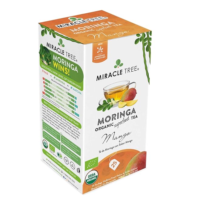 Miracle Tree - Organic Moringa Superfood Tea, 25 Individually Sealed Tea Bags, Mango (Keto, Detox, Energy & Immunity Booster, Vegan, Gluten-Free, Organic, Non-GMO, Caffeine-Free)