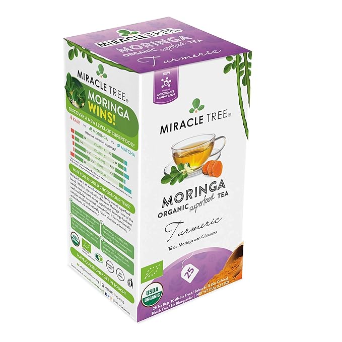 Miracle Tree - 6 Count of Organic Moringa Superfood Tea, 25 Individually Sealed Tea Bags, Turmeric (Keto, Detox, Energy/Immunity Booster, Vegan, Gluten-Free, Organic, Non-GMO, Caffeine-Free)