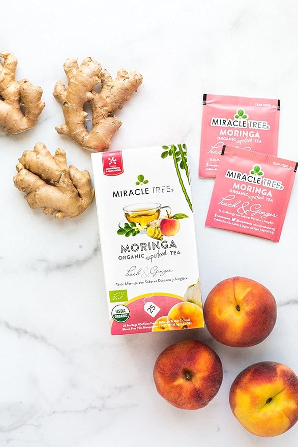 Miracle Tree - 6 Count of Organic Moringa Superfood Tea, 25 Individually Sealed Tea Bags, Peach & Ginger (Keto, Detox, Energy/Immunity Booster, Vegan, Gluten-Free, Organic, Non-GMO, Caffeine-Free)