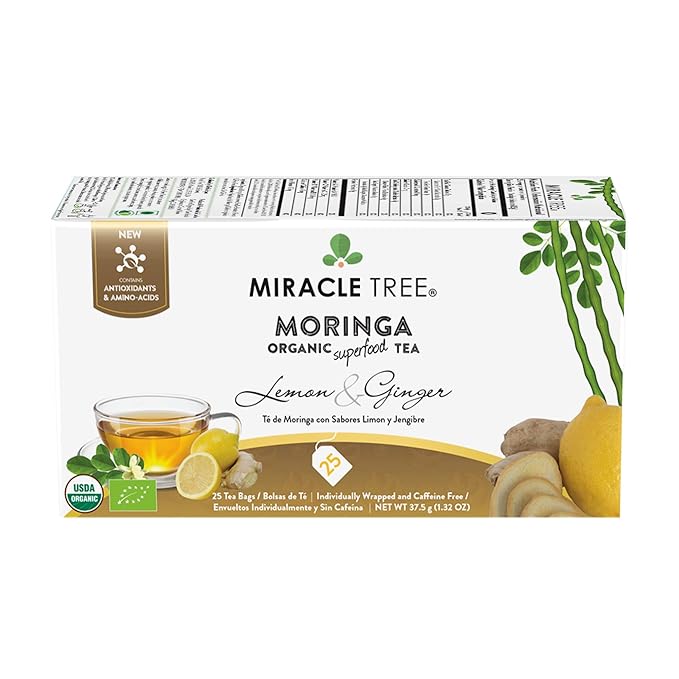 Miracle Tree - 6 Count of Organic Moringa Superfood Tea, 25 Individually Sealed Tea Bags, Lemon & Ginger (Keto, Detox, Energy/Immunity Booster, Vegan, Gluten-Free, Organic, Non-GMO, Caffeine-Free)