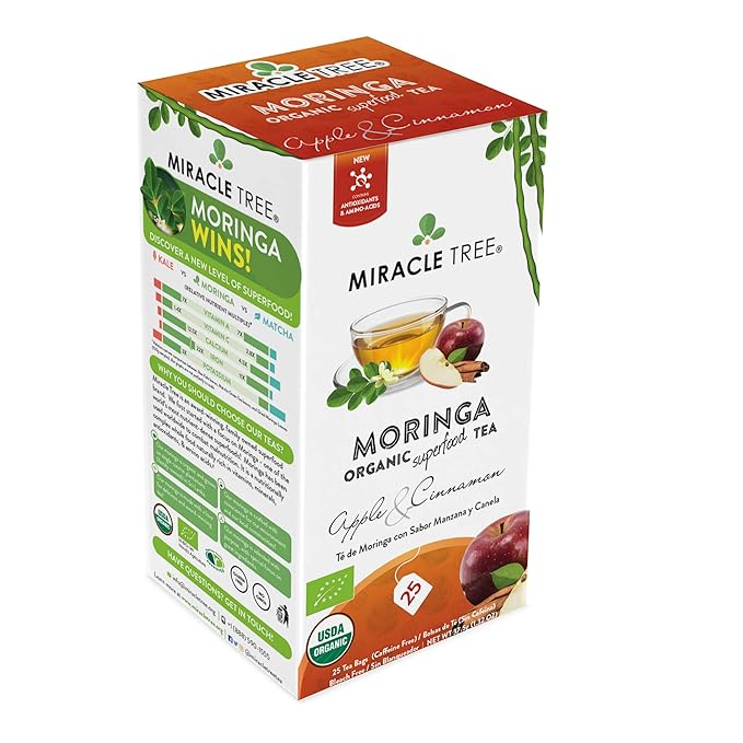 Miracle Tree - Organic Moringa Superfood Tea, 25 Individually Sealed Tea Bags, Apple & Cinnamon (Keto, Detox, Energy/Immunity Booster, Vegan, Gluten-Free, Organic, Non-GMO, Caffeine-Free)