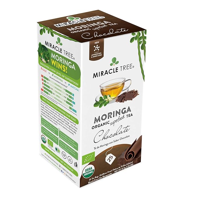 Miracle Tree - Organic Moringa Superfood Tea, 25 Individually Sealed Tea Bags, Chocolate (Keto, Detox, Energy & Immunity Booster, Vegan, Gluten-Free, Organic, Non-GMO, Caffeine-Free)