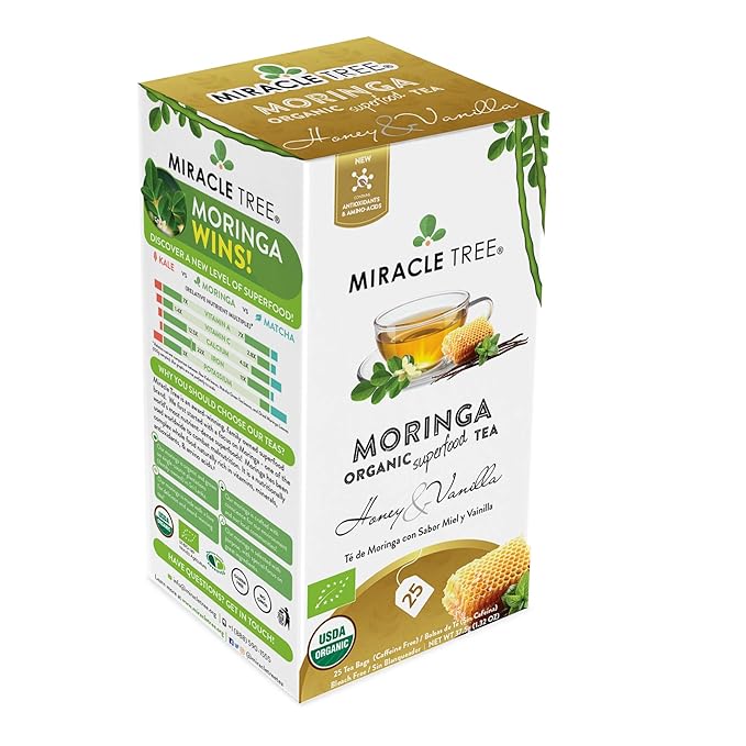 Miracle Tree - Organic Moringa Superfood Tea, 25 Individually Sealed Tea Bags, Honey & Vanilla (Keto, Detox, Energy/Immunity Booster, Vegan, Gluten-Free, Organic, Non-GMO, Caffeine-Free)