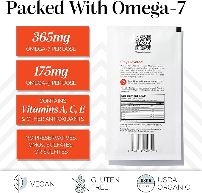 sibu Omega-7 Softgels, Premium Organic Himalayan Sea Buckthorn Oil (60ct, 30 Day Supply) – Supplement for Healthy Skin, Hair, Nails and Dryness