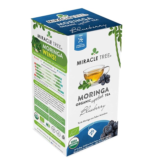 Miracle Tree - Organic Moringa Superfood Tea, 25 Individually Sealed Tea Bags, Blueberry (Keto, Detox, Energy & Immunity Booster, Vegan, Gluten-Free, Organic, Non-GMO, Caffeine-Free)