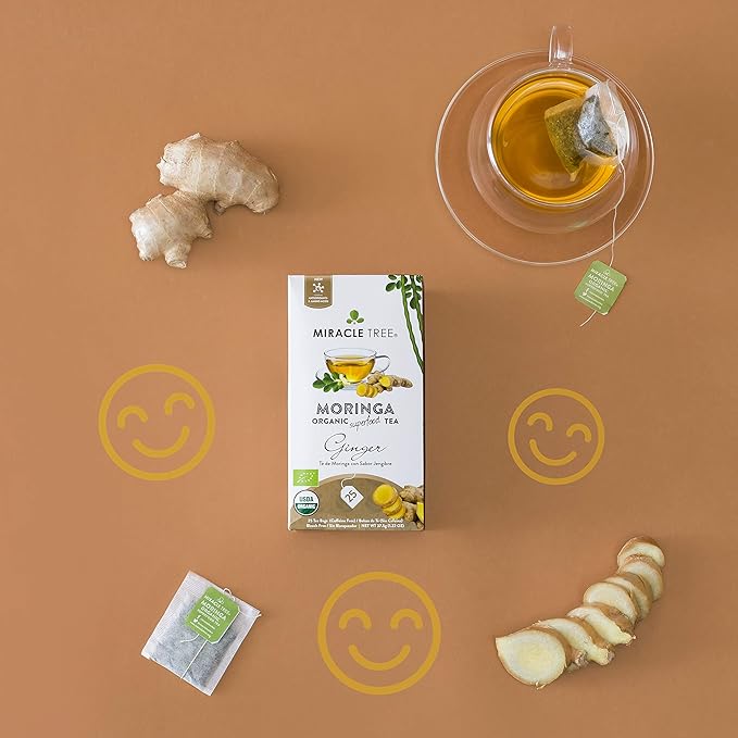 Miracle Tree - Organic Moringa Superfood Tea, 25 Individually Sealed Tea Bags, Ginger (Keto, Detox, Energy & Immunity Booster, Vegan, Gluten-Free, Organic, Non-GMO, Caffeine-Free)