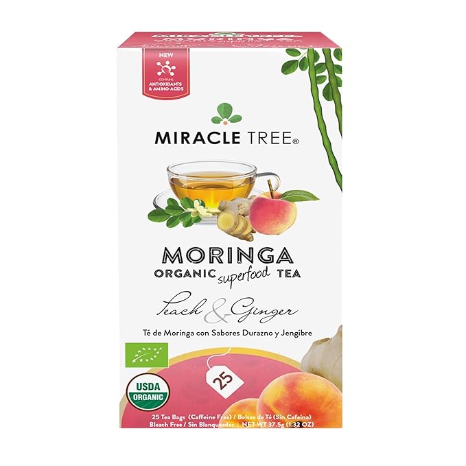 Miracle Tree - 12 Count of Organic Moringa Superfood Tea, 25 Individually Sealed Tea Bags, Peach & Ginger (Keto, Detox, Energy/Immunity Booster, Vegan, Gluten-Free, Organic, Non-GMO, Caffeine-Free)