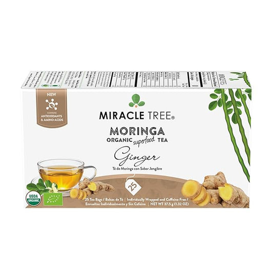 Miracle Tree - Organic Moringa Superfood Tea, 25 Individually Sealed Tea Bags, Ginger (Keto, Detox, Energy & Immunity Booster, Vegan, Gluten-Free, Organic, Non-GMO, Caffeine-Free)