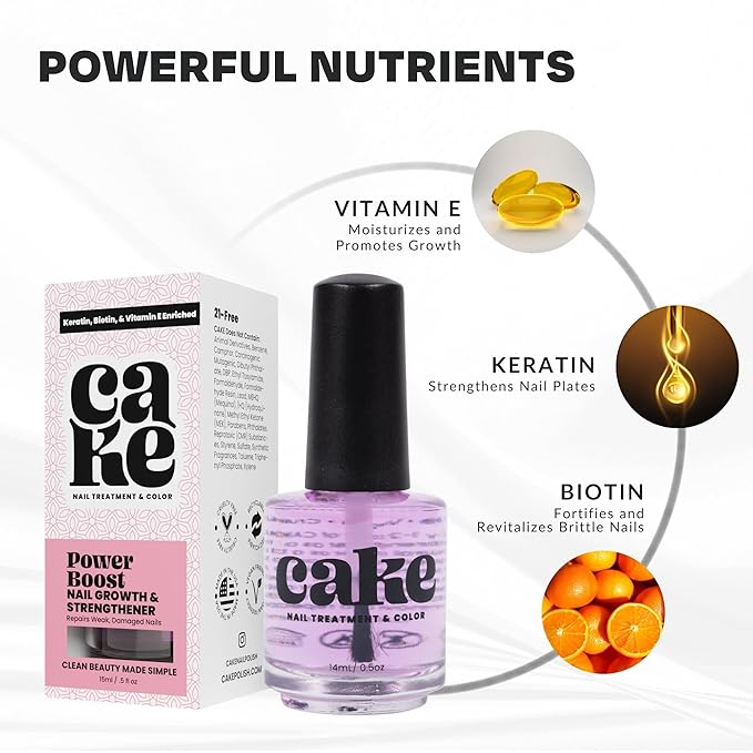 Nail Strengthener Power Boost Growth Formula, Keratin, Biotin, & Vitamin E, 21- Free, Repairs Damaged Nails, Stops Peeling & Chipping, Use as Clear Base Coat & Topcoat .50 fl. Oz. CAKE Nail Treatment