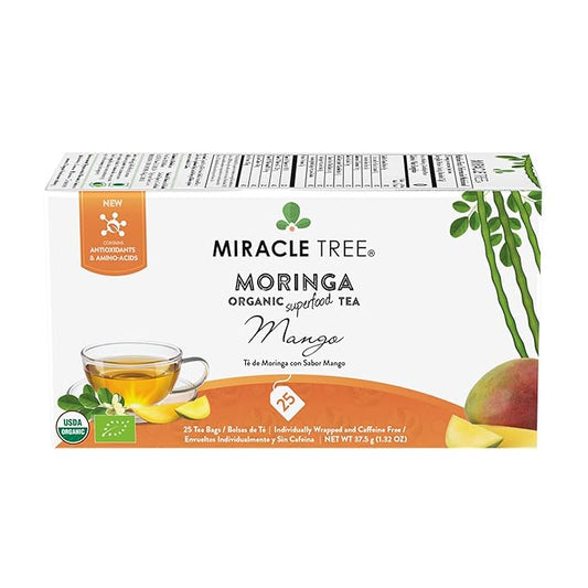 Miracle Tree - Organic Moringa Superfood Tea, 25 Individually Sealed Tea Bags, Mango (Keto, Detox, Energy & Immunity Booster, Vegan, Gluten-Free, Organic, Non-GMO, Caffeine-Free)