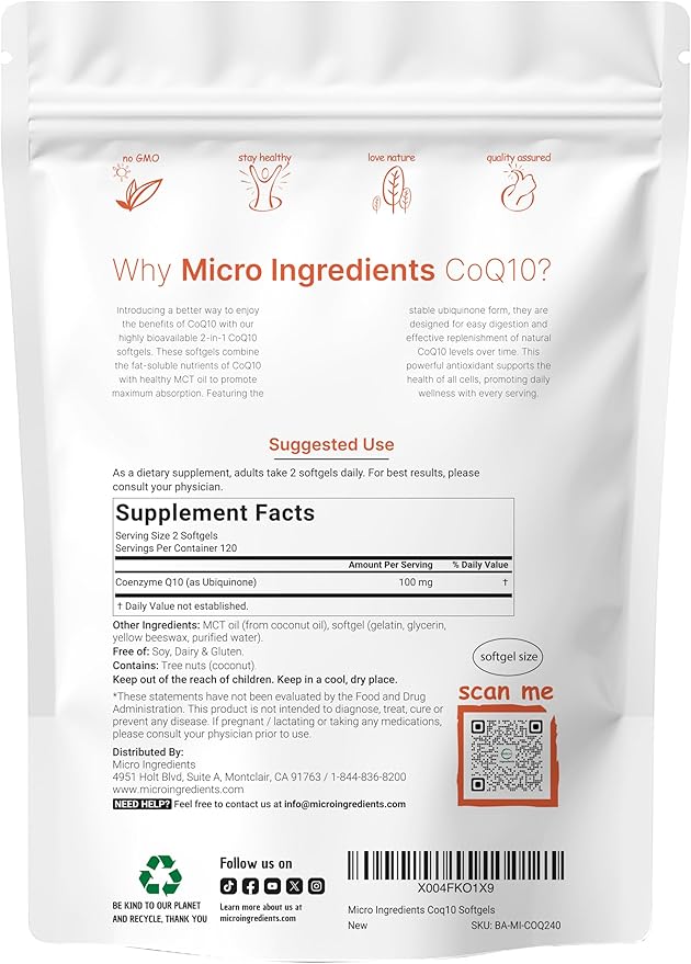 Micro Ingredients 8-in-1 Multi Collagen Capsules & CoQ10 100mg Softgels Bundle 2 Pack | Grass-Fed Collagen Peptides | High Absorption Ubiquinone with Coconut MCT Oil