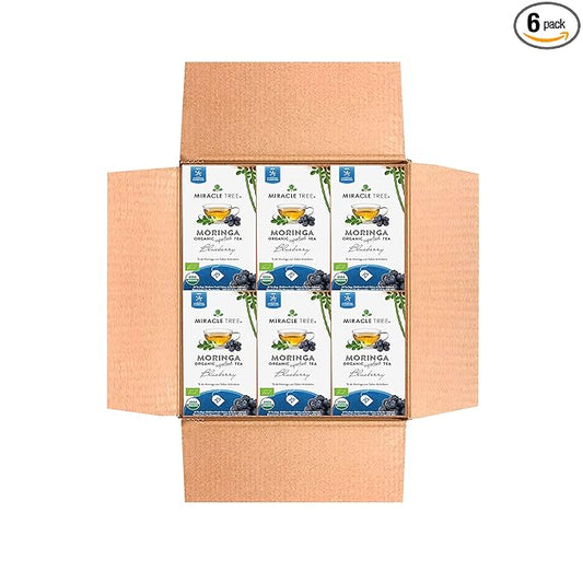Miracle Tree - 6 Count of Organic Moringa Superfood Tea, 25 Individually Sealed Tea Bags, Blueberry (Keto, Detox, Energy/Immunity Booster, Vegan, Gluten-Free, Organic, Non-GMO, Caffeine-Free)